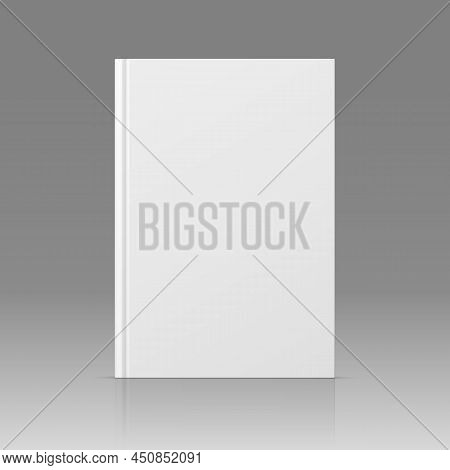 Vector Realistic Standing 3d Book Mockup With White Blank Cover Isolated. Closed Vertical Hardcover 