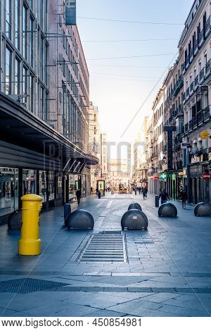 Madrid, Spain - October 3, 2020: Preciados Street. Main Shopping Street Near Puerta Del Sol