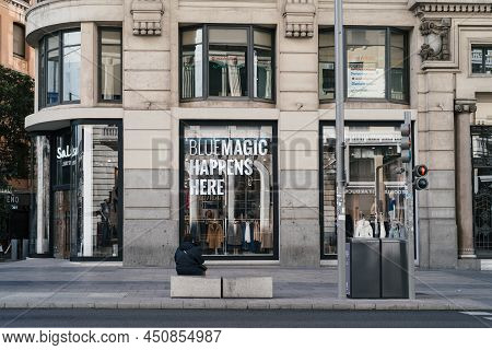 Madrid, Spain - October 3, 2020: Fashion Store Window Display In Gran Via Avenue