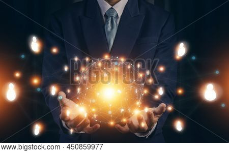 Hand Holding Virtual Global Holography And Virtual Icon Connecting Metaverse. Digital Technology And