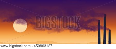 Smoke And Steam From Industrail Smokestacks Float Over A Sky And Sun Late In The Day In This Colorfu