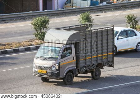 Jaipur, India - March 2, 2022: Compact Truck Tata Intra V10 At An Interurban Road.