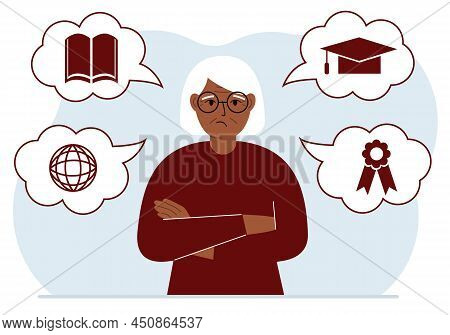 Sad Grandmother With Thoughts About Learning. Internet Profession, Higher Education, Stock Exchange,