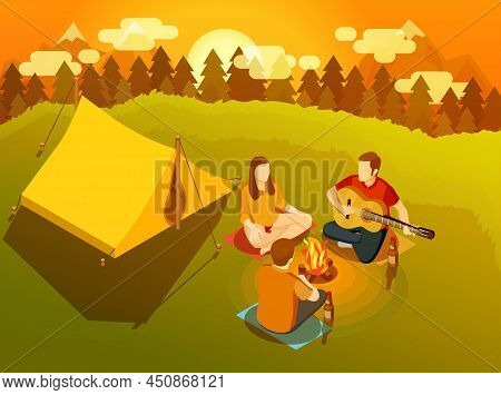 Three Young Friends Singing At Sunset Around Campfire Near Hiking Tent On Backcountry Trip Isometric