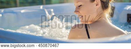 Banner, Long Format Portrait Of Young Carefree Happy Smiling Woman Relaxing At Hot Tub During Enjoyi