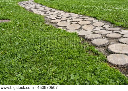 The Path Is Laid Out Of Round Sections Of Wood. High Quality Photo, Paths In The Park From Sawn Wood