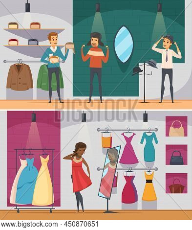 Two Horizontal Trying Shop Flat People Composition Set With Man Trying Hat And Woman Trying On A Dre