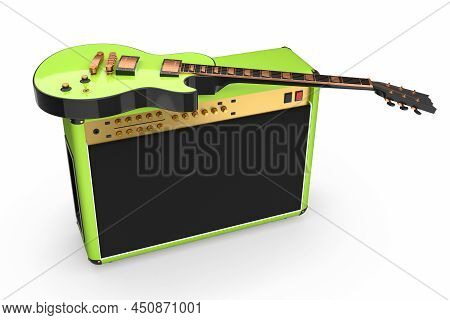 Classical Amplifier With Acoustic Guitar Isolated On White Background.