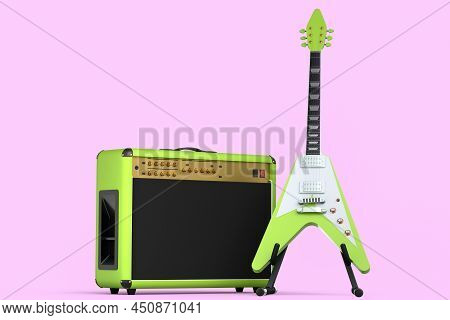 Classical Amplifier With Acoustic Guitar On Stand Isolated On Pink Background.