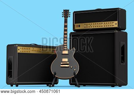 Classical Amplifier With Acoustic Guitar On Stand Isolated On Blue Background.
