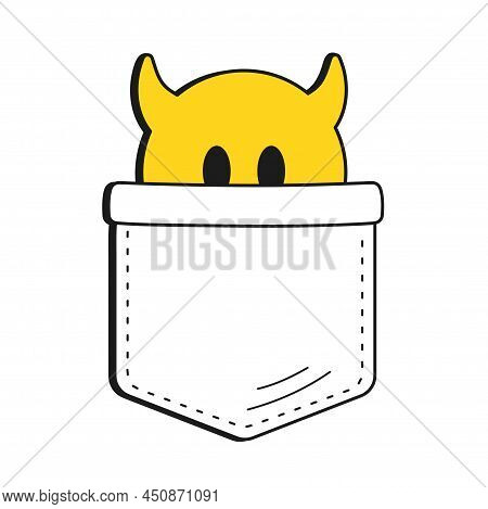 Funny Emoji Face With Devil Horns In Pocket T-shirt Print.vector Cartoon Doodle Line Style Character