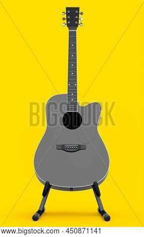 Electric Acoustic Guitar On Stand Isolated On Yellow Background.