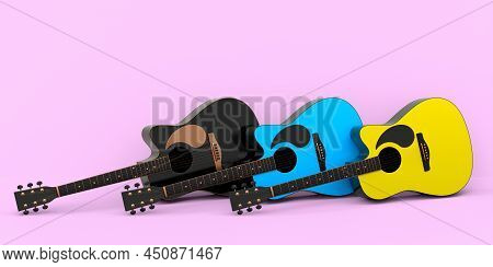 Set Of Electric Acoustic Guitar Isolated On Pink Background.
