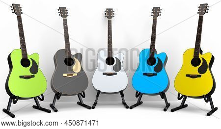 Set Of Electric Acoustic Guitar Isolated On White Background.