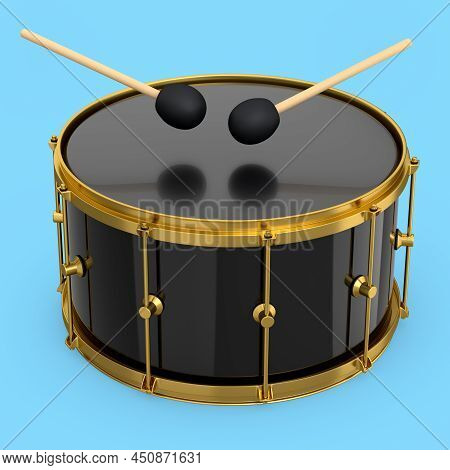 Realistic Drum And Wooden Drum Sticks On Blue. 3D Render Of Musical Instrument