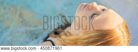 Banner, Long Format Portrait Of Young Carefree Happy Smiling Woman Relaxing At Hot Tub During Enjoyi