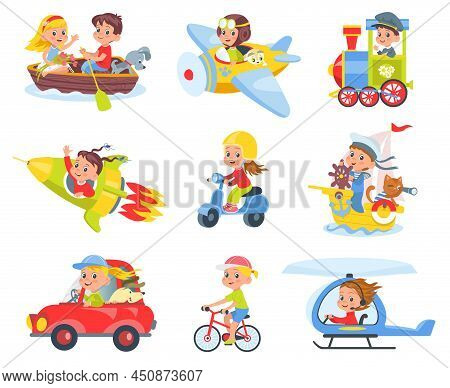 Kids Drivers And Pilots. Cute Children In Colorful Childish Transport, Smiling Boys And Girls Drivin