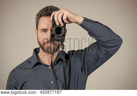 Camera Gear When You Need It. Bearded Man Take Photo With Camera