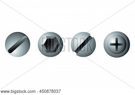 Set Of Metal Screw, Bolt And Rivet Heads. Collection Of Different Industrial Or Diy Elements For Fix