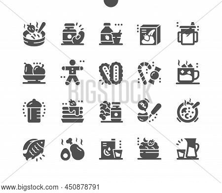 Baby Food. Childhood Nutrition. Milk, Yoghurt, Flakes, Juice, Fruit, Cake, Eggs And Meat. Natural An