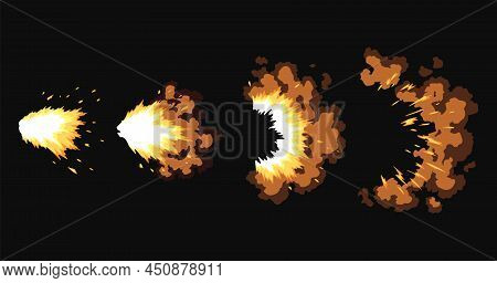 Gun Flashes Or Gunshot Animation. Collection Of Fire Explosion Effect During Shot With Gun. Cartoon 