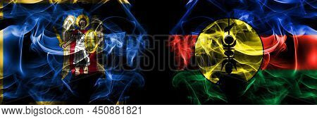 Kyiv, Kiev Vs France, French, Flnks Flag. Smoke Flags Placed Side By Side Isolated On Black Backgrou