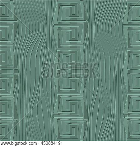Textured 3d Wave Lines Greek Seamless Pattern. Abstract Ornamental Embossed Borders Background. Repe