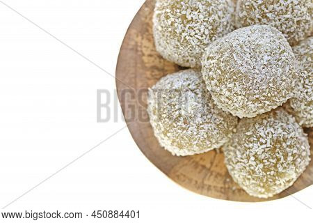 Mochi Cakes.coconut Mochi On A Wooden Board Isolated On White Background. Japanese Traditional Desse