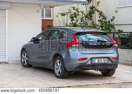 Side, Turkey - February 20 2022:  Blue Volovo V40 Is Parking  On The Street On A Warm Summer Day