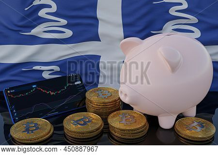 Bitcoin And Cryptocurrency Investing. Martinique Flag In Background. Piggy Bank, The Of Saving Conce