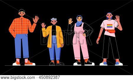 Diverse People Hello And Welcome Gesture. Multinational Characters Waving Hands, Happy Young Man, Se