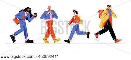 Diverse Passerby People Walk On City Street, Tourist With Backpack, Businesswoman With Coffee Cup, T