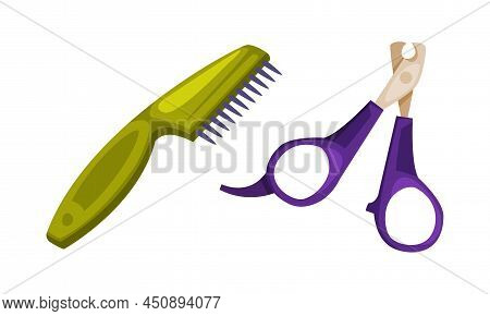 Pet Nail Clippers And Brush. Care Supplies For Domestic Animals Set Cartoon Vector Illustration