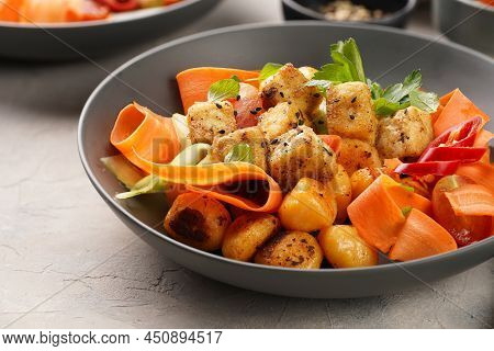 Sweet Potato Gnocchi With Teriyaki Tofu With Indonesian Vegetable Salad Gado Gado - Carrots, Cucumbe