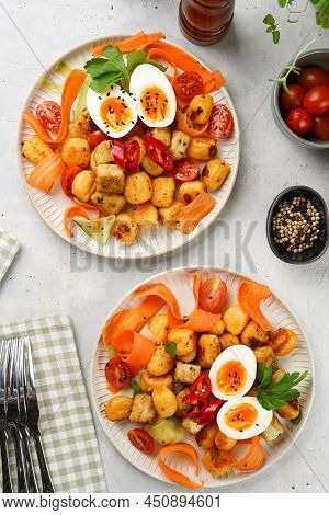 Sweet Potato Gnocchi With Teriyaki Tofu With Indonesian Vegetable Salad Gado Gado - Carrots, Cucumbe