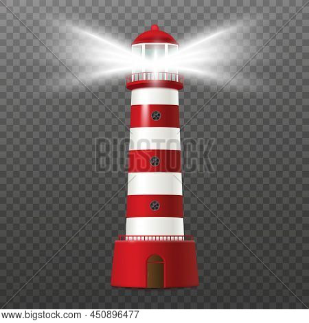Striped Lighthouse Tower With Light For Navigation Vector Illustration Isolated.