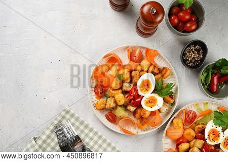 Sweet Potato Gnocchi With Teriyaki Tofu With Indonesian Vegetable Salad Gado Gado - Carrots, Cucumbe
