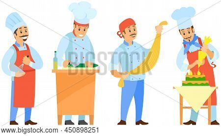 People Preparing Dish, Meal. Chefs Work With Kitchen Equipment To Prepare Food. Male Characters Fry 