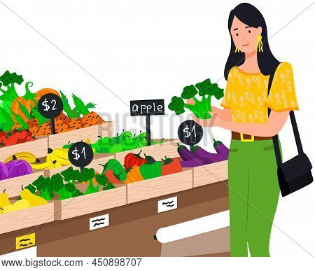 Woman Chooses Products In Vegetable Department Of Grocery Store. Girl Makes Purchases In Supermarket