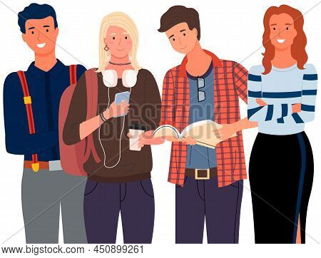 Diverse College, University Students Standing In Line. Group Of Young People, Multicultural Men And 