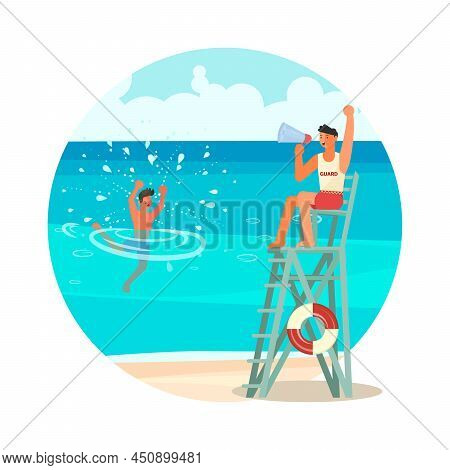 Young Man Drowns In The Sea. Male Lifeguard Saving A Drowner