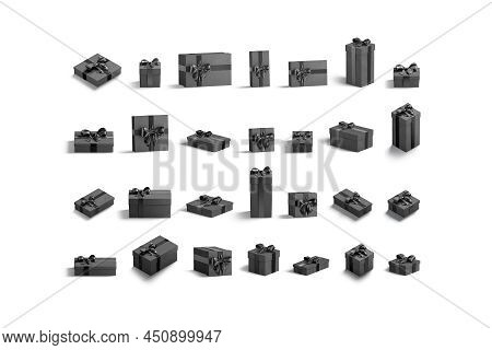 Blank Black Gift Box With Ribbon Bow Mockup, Different Types, 3d Rendering. Empty Surprise Package W