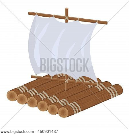 Wooden Raft With Sail, Color Isolated Vector Illustration In Cartoon Style.