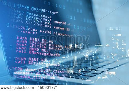 Close Up Of Laptop With Abstract Html Code On Creative City Background. Coding And Programming Conce