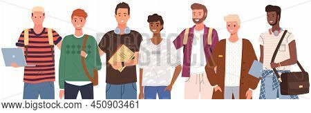 Diverse College, University Students Standing In Line. Group Of Young People, Multicultural Men. Mul