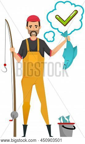 Bearded Fisherman Stands With Catch, Fish In His Hands. Man Holding Fishing Rod To Catch Fishes. Mal