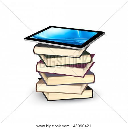Tablet na zásobu knih. Koncept E-kniha kapacity. Vektor.