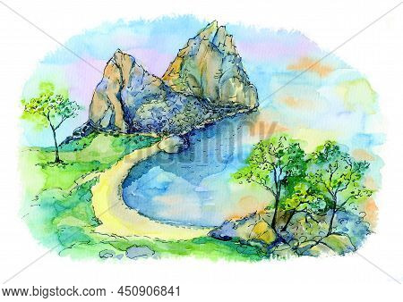 Summer Siberian Landscape, Watecolor Illustration. Landscape Of The Siberian Lake Baikal With A Peni