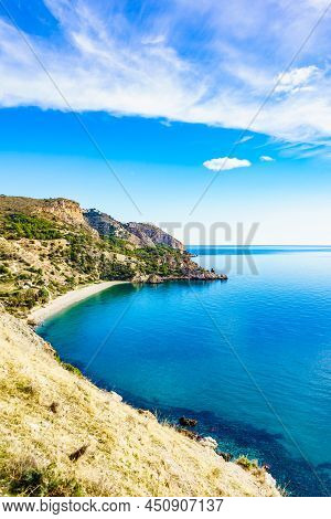 Coast Seaside Landscape In Andalusia. Cliffs Of Maro Cerro Gordo Natural Park, Near Nerja, Malaga Pr