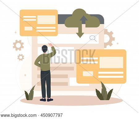 Cloud Storage Of Information Concept. Data Entry Services. Young Man Uploads Documents To Digital In